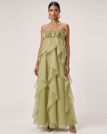 Maxikleid aus Organza mit Orchideenstickerei - Hellgrün