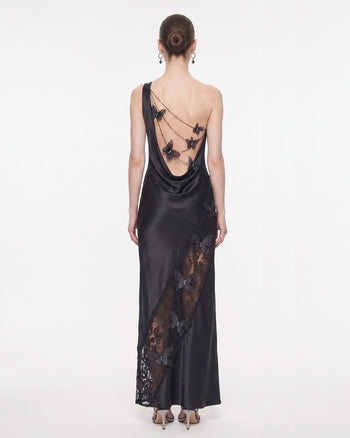 Satin-Maxikleid mit Spitzeneinsatz und One-Shoulder-Träger - Schwarz
