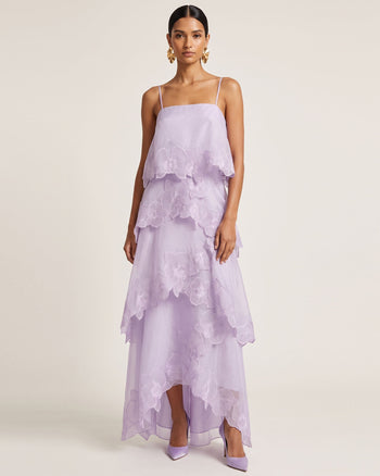 Mehrlagiges Maxikleid mit Orchideenstickerei - Helllila