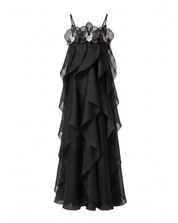 Maxikleid aus Organza mit Orchideenstickerei - Schwarz
