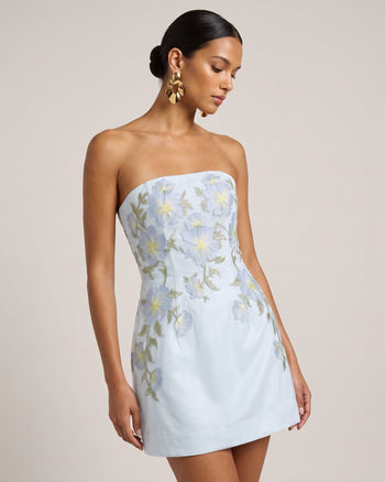 Trägerloses Minikleid im Korsett-Stil mit Blumenstickerei - Hellblau