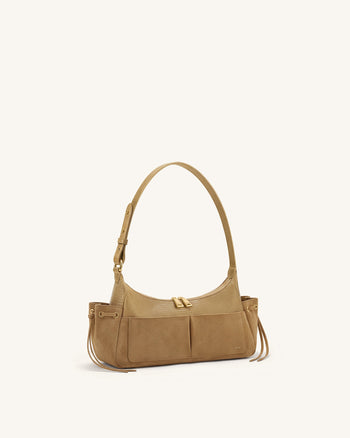 Corinne Schultertasche aus Wildlederimitat mit Eidechsenprägung - Khaki