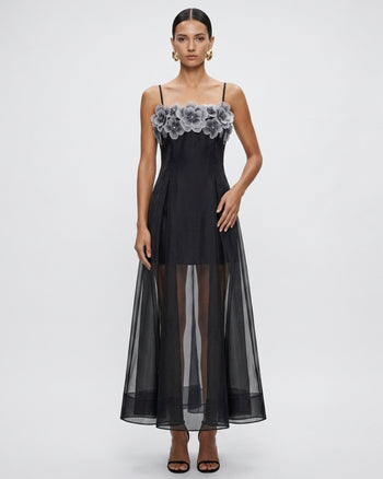 Transparentes, mehrlagiges Maxikleid mit Blumenstickerei – Schwarz