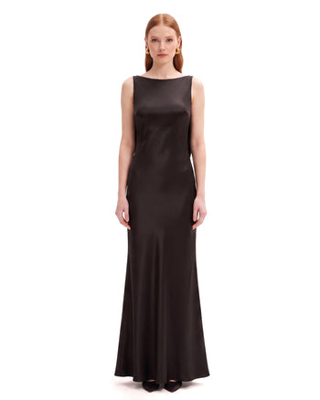 Tulpen-Applikation Maxikleid aus Satin mit Wasserfallausschnitt im Rücken - Schwarz