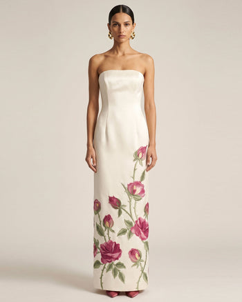 Rose Besticktes trägerloses langes Kleid - Reinweiß
