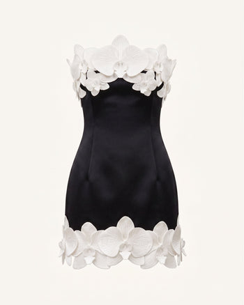 Trägerloses Minikleid mit Orchideen-Besatz – Schwarz & Elfenbein