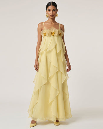 Maxikleid aus Organza mit Orchideenstickerei - Hellgelb