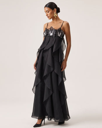 Maxikleid aus Organza mit Orchideenstickerei - Schwarz