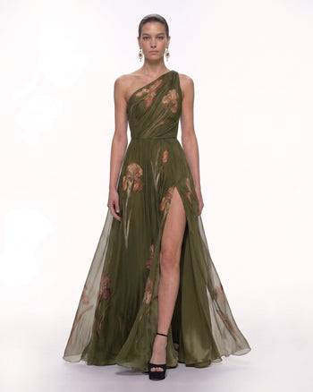 Florales One-Shoulder-Maxikleid - Olivgrün
