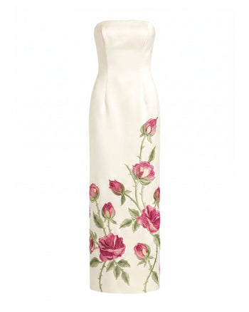 Rose Besticktes trägerloses langes Kleid - Reinweiß
