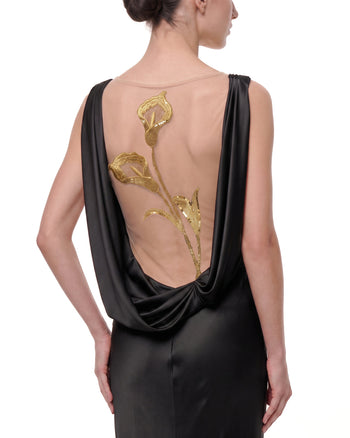 Gold Calla Lily Transparentes rückenfreies Satinkleid - Schwarz