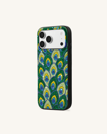 Peacock Handyhülle mit Federn und Strasssteinen - Grün