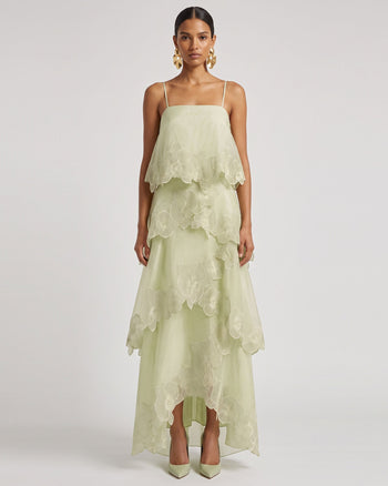 Mehrlagiges Maxikleid mit Orchideenstickerei - Hellgrün