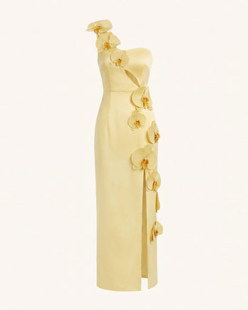 Maxikleid mit Orchideen-Verzierung, Cut-out und Schlitz - Hellgelb
