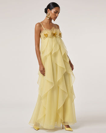 Maxikleid aus Organza mit Orchideenstickerei - Hellgelb