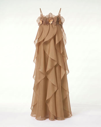 Maxikleid aus Organza mit Orchideenstickerei - Hellbraun