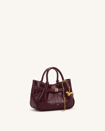 Maeve Mini-Satchel-Tasche mit Dackel-Anhänger - Burgunderrot in Krokodiloptik