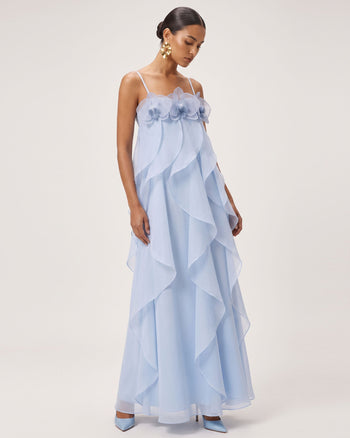 Maxikleid aus Organza mit Orchideenstickerei - Hellblau