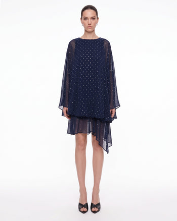 Transparentes Maxi-Kleid mit Verzierungen und Ballonsaum – Marineblau