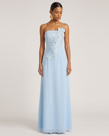 Trägerloses A-Linien-Maxikleid mit Orchideen-Stickerei - Hellblau