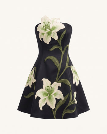 Lily Trägerloses A-Linien-Minikleid mit Blumenmuster - Schwarz