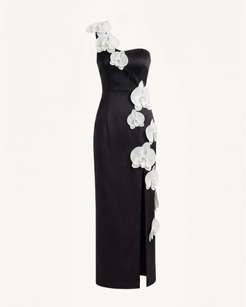 Maxikleid mit Orchideen-Verzierung, Cut-out und Schlitz - Schwarz