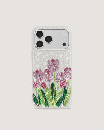 Handyhülle mit Tulpen-Kunstperlen - Weiß