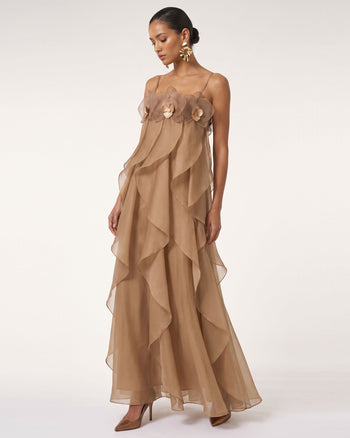Maxikleid aus Organza mit Orchideenstickerei - Hellbraun