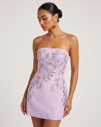 Trägerloses Korsett-Minikleid mit Blumenstickerei - Helllila