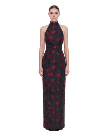 Maxikleid mit floralem Jacquard-Muster, Neckholder und offenem Rücken – Schwarz & Rot