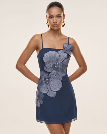 Minikleid mit Orchideen-Applikation – Dunkelblau