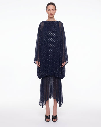 Transparentes Maxi-Kleid mit Verzierungen und Ballonsaum – Marineblau