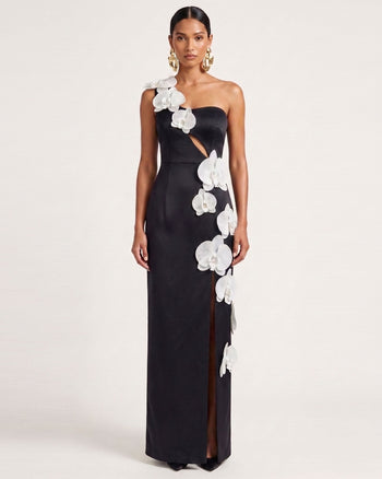 Maxikleid mit Orchideen-Verzierung, Cut-out und Schlitz - Schwarz