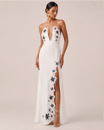 Maxikleid mit Neckholder, Blumenstickerei und Cut-outs - Weiß