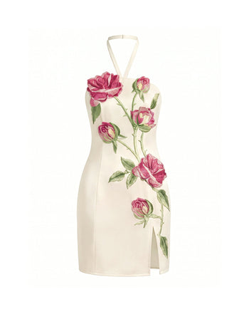 Rose Besticktes Neckholder-Minikleid mit Seitenschlitz - Reinweiß