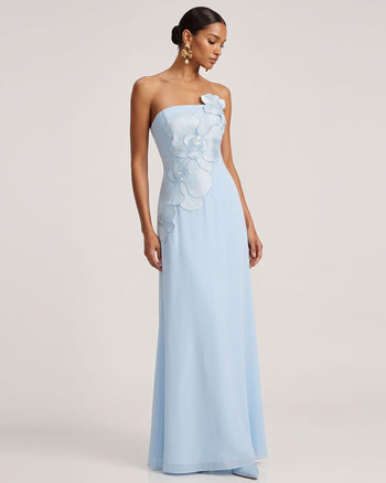 Trägerloses A-Linien-Maxikleid mit Orchideen-Stickerei - Hellblau