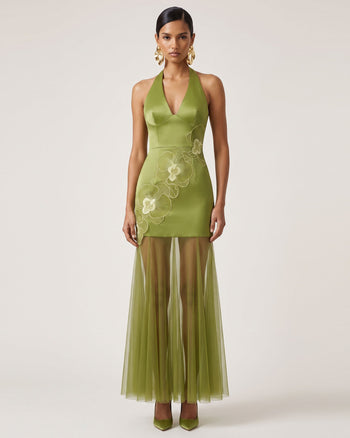 Maxikleid mit Neckholder, Orchideenstickerei und transparentem Saum - Olivgrün