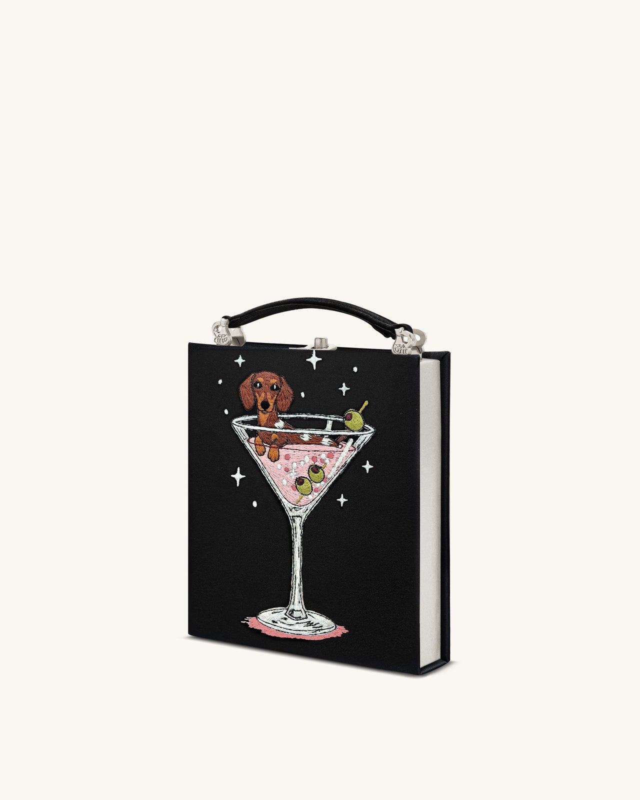 Taya Clutch-Tasche in Buchform mit Weinglas-Welpenmuster - Schwarz
