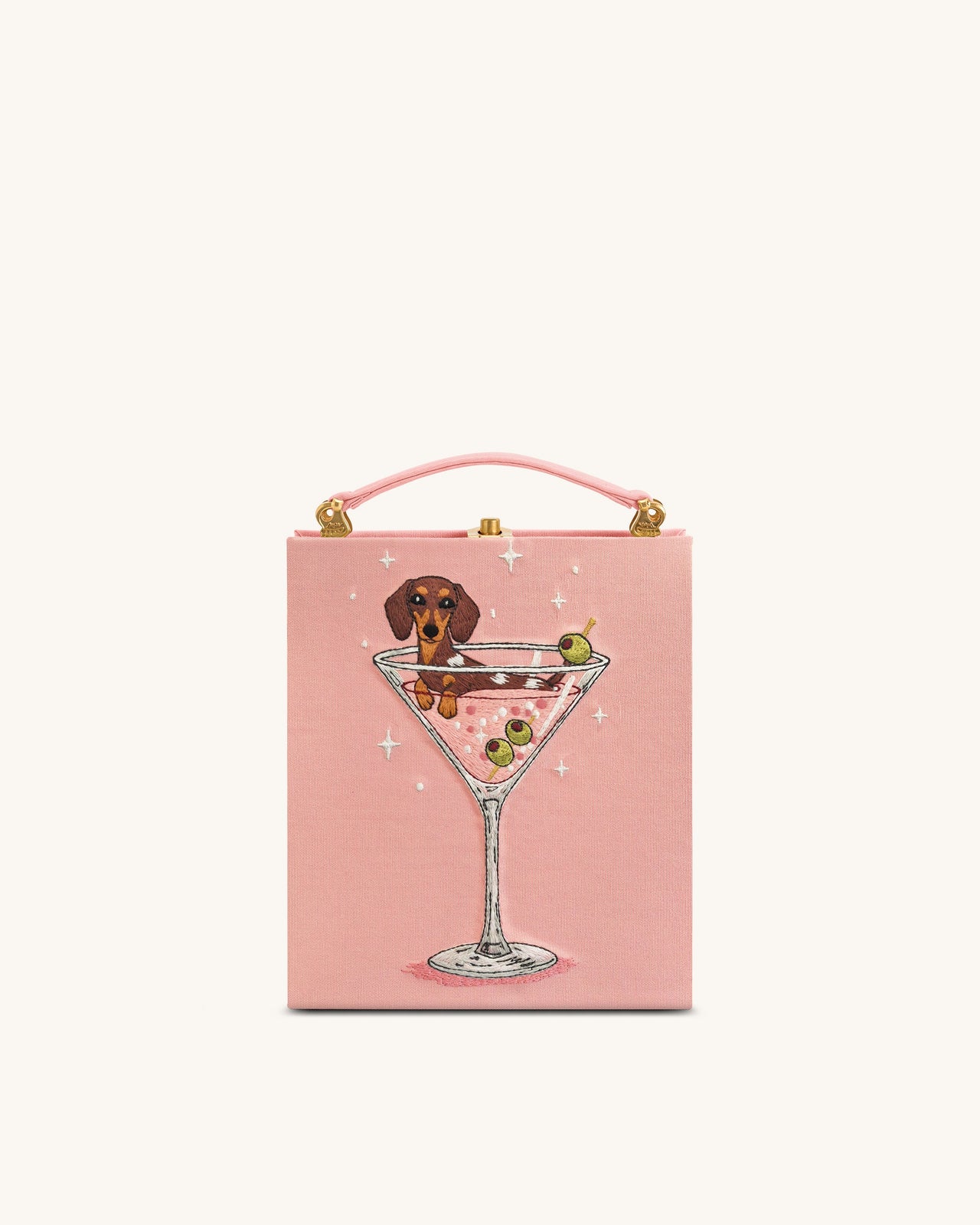 Taya Clutch-Tasche in Buchform mit Weinglas-Welpenmuster - Rosa