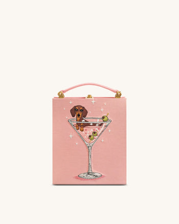 Taya Clutch-Tasche in Buchform mit Weinglas-Welpenmuster - Rosa