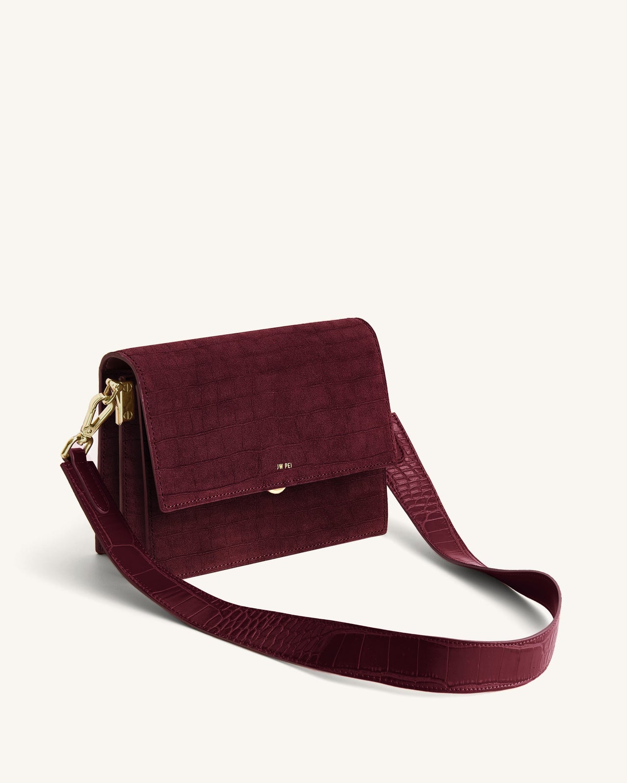 Mini-Klappen-Crossbody aus Kunstvelours mit Kroko-Prägung - Burgund