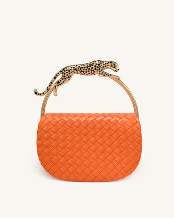 Ione Leopardförmiger Beschlag Griff Gewebte Henkeltasche - Orange