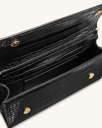 Maya Henkeltasche mit leopardenförmigem Metallgriff - Schwarz Krokodil