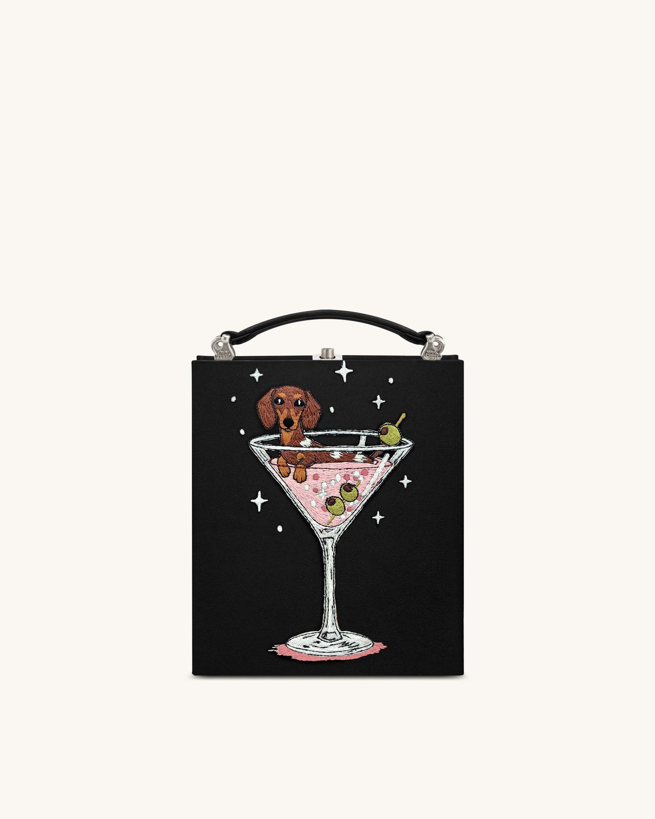 Taya Clutch-Tasche in Buchform mit Weinglas-Welpenmuster - Schwarz