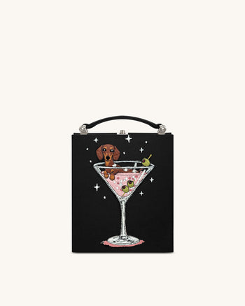 Taya Clutch-Tasche in Buchform mit Weinglas-Welpenmuster - Schwarz