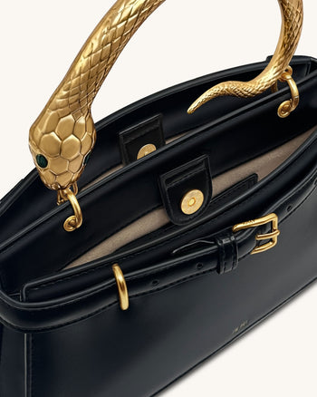 Elena Schlangenledergriff Henkeltasche - Schwarz