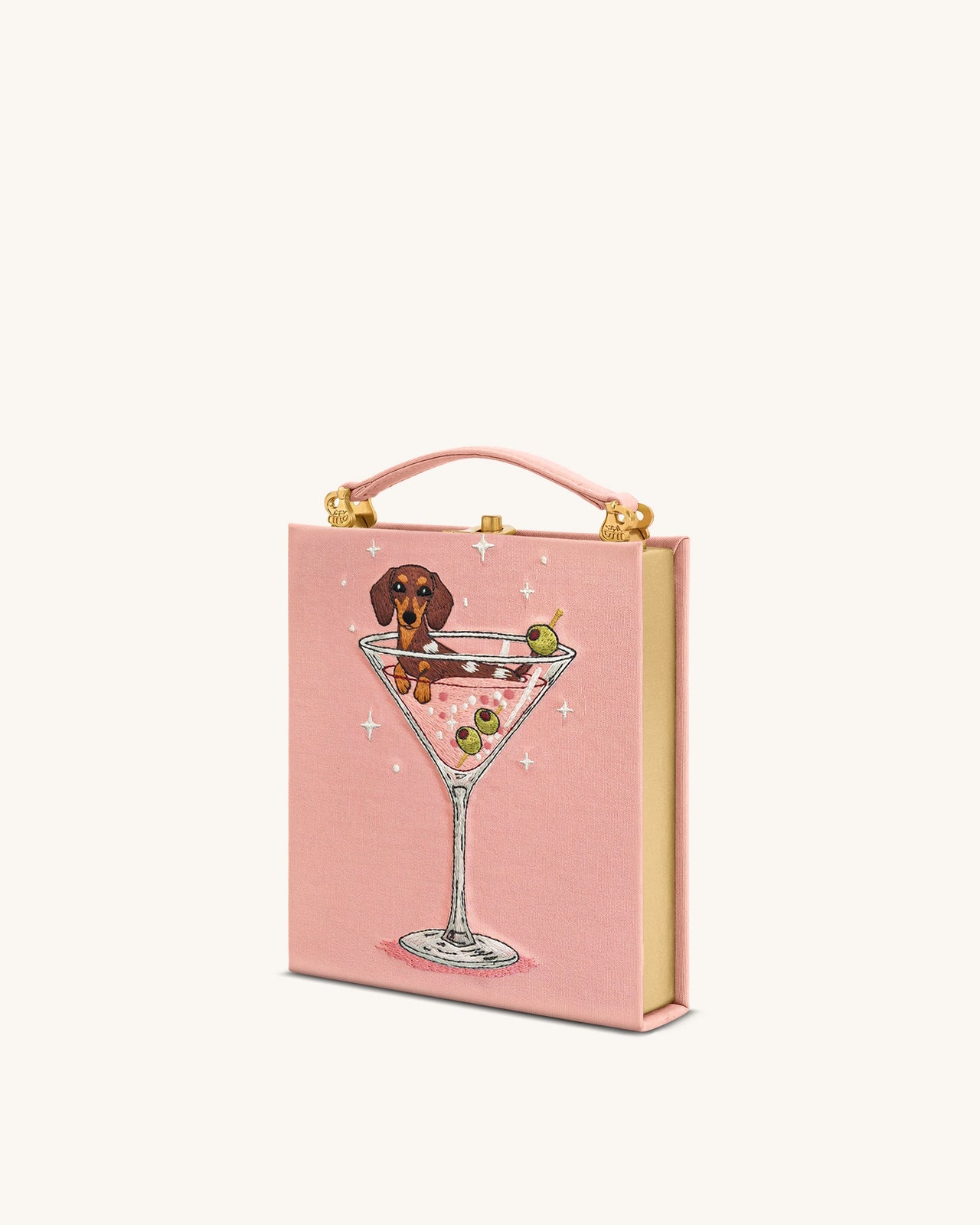 Taya Clutch-Tasche in Buchform mit Weinglas-Welpenmuster - Rosa