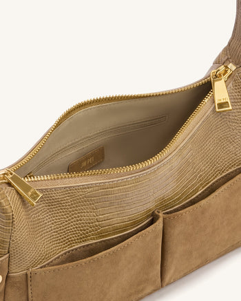 Corinne Schultertasche aus Wildlederimitat mit Eidechsenprägung - Khaki