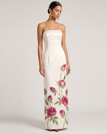 Rose Besticktes trägerloses langes Kleid - Reinweiß