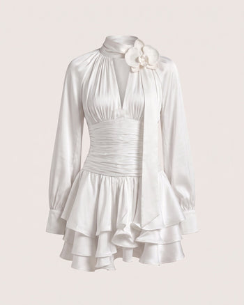 Langärmeliges Minikleid mit Orchideen-Verzierung und Keyhole-Ausschnitt - Creme
